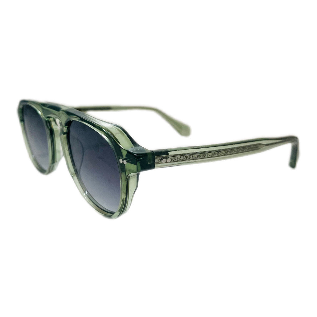 The 4AM FUKUOKA 15:00 series features stylish aviator sunglasses that blend casual elegance with a unique military green transparent design.